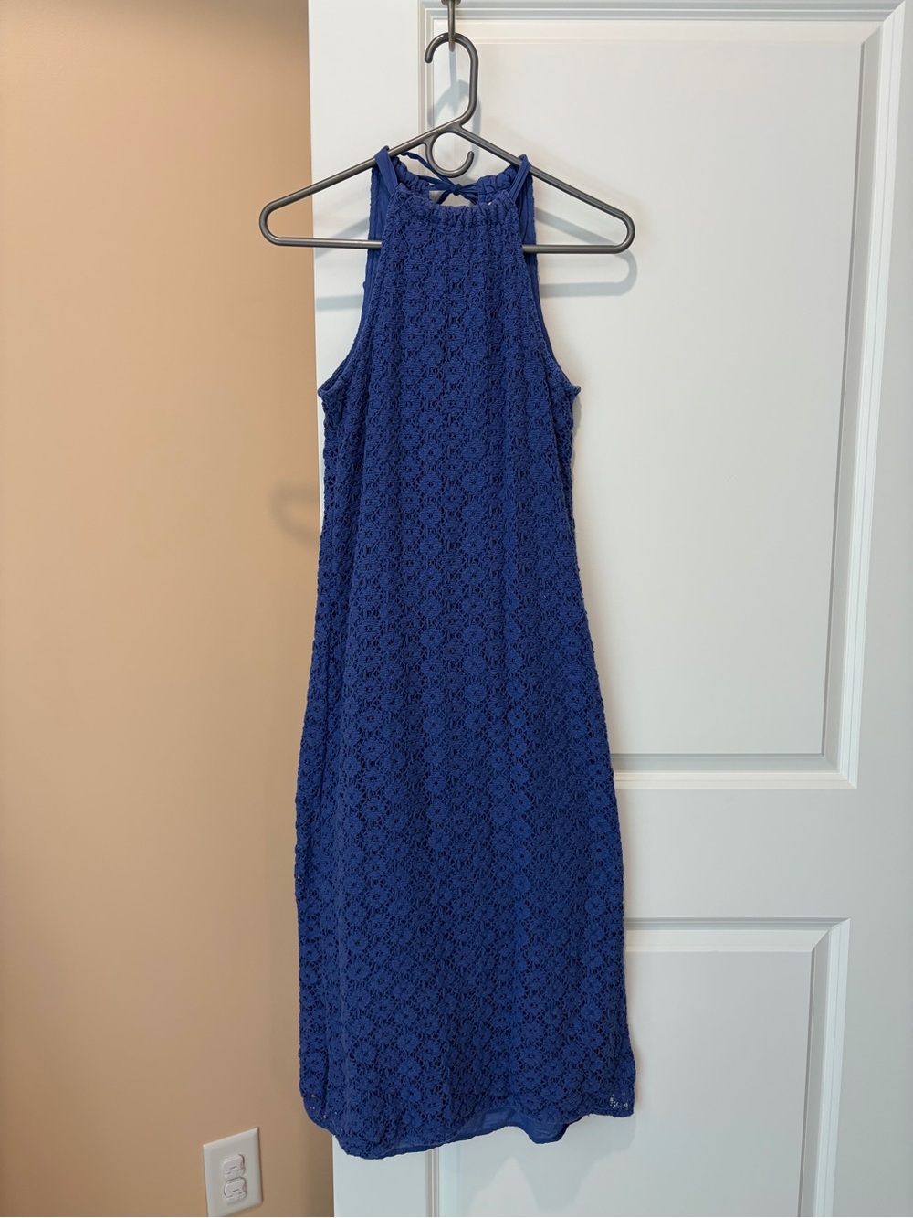 a new day Royal Blue Crochet Lace Halter Midi Dress